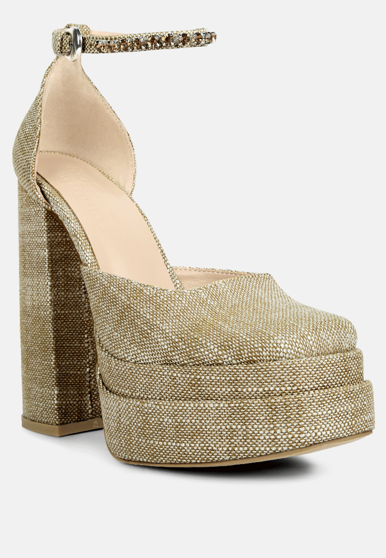  COSETTE Diamante Embellished Ankle Strap High Block Heel Sandals In Beige