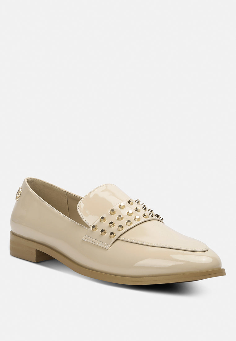  MEANBABE Semicasual Stud Detail Patent Loafers In Beige