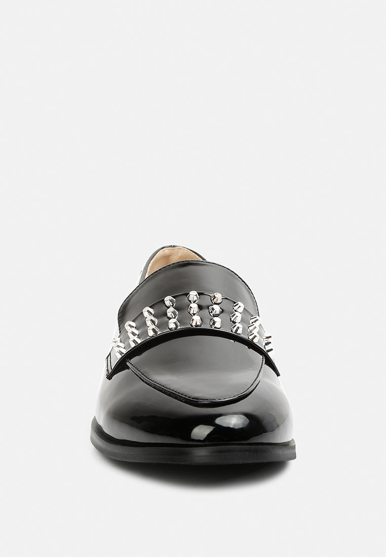  MEANBABE Semicasual Stud Detail Patent Loafers In Black