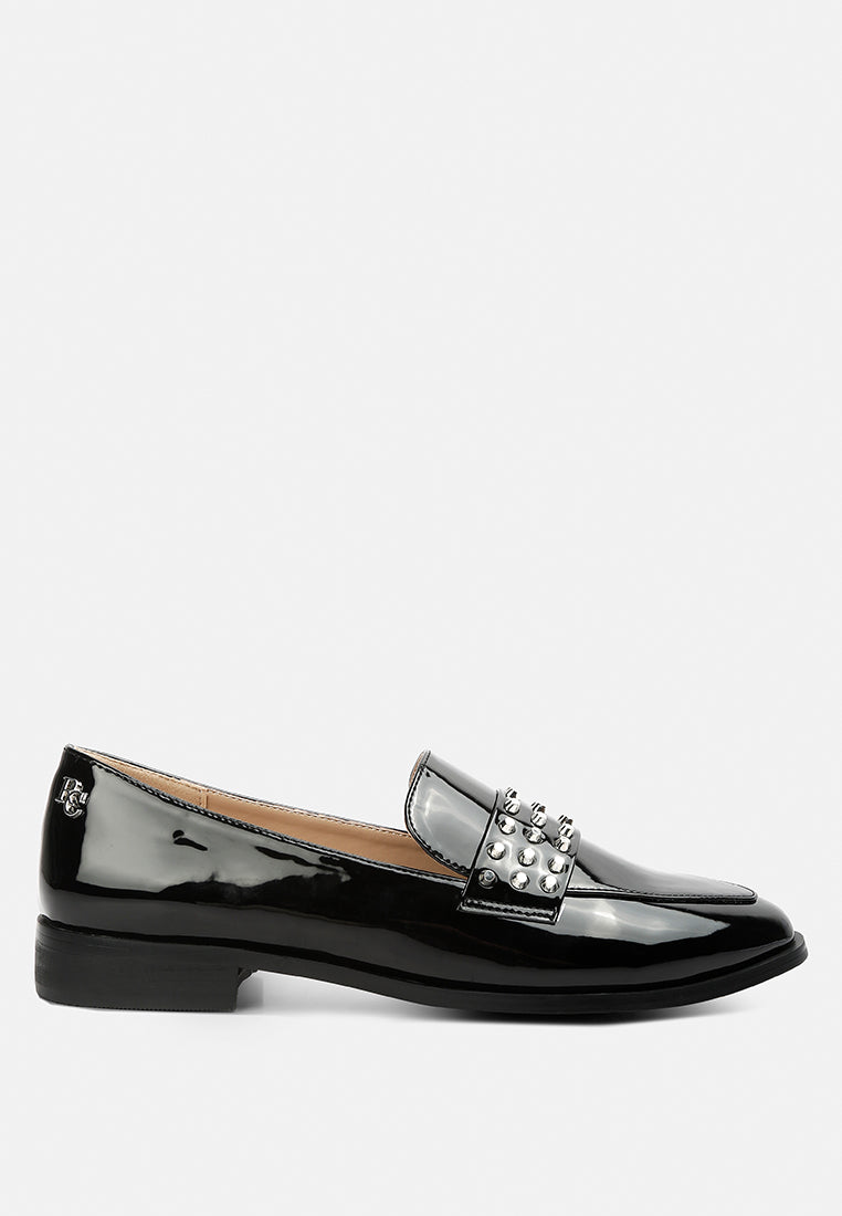  MEANBABE Semicasual Stud Detail Patent Loafers In Black