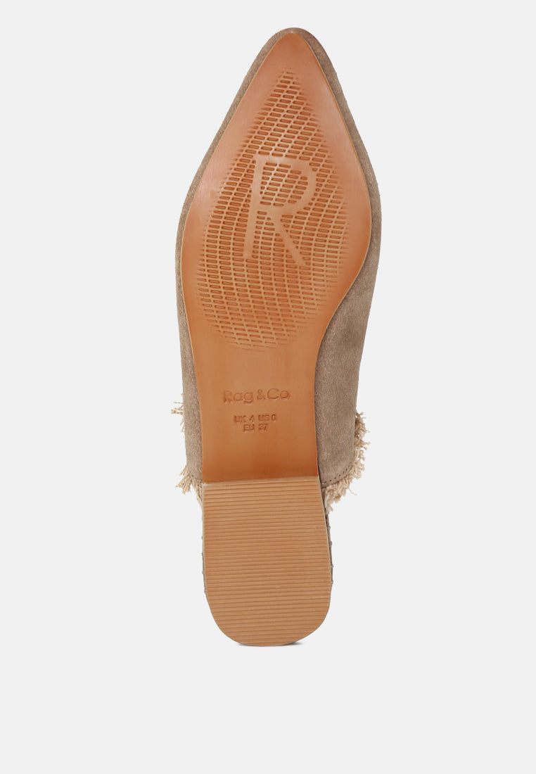  MOLLY Taupe Frayed Leather Mules