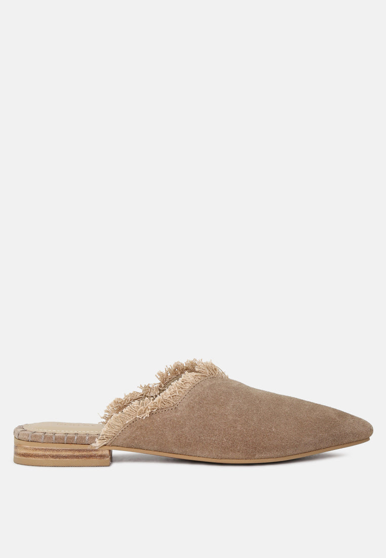  MOLLY Taupe Frayed Leather Mules