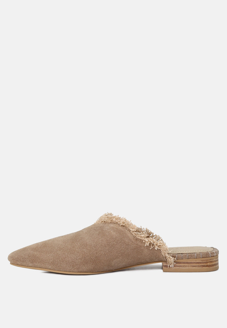  MOLLY Taupe Frayed Leather Mules