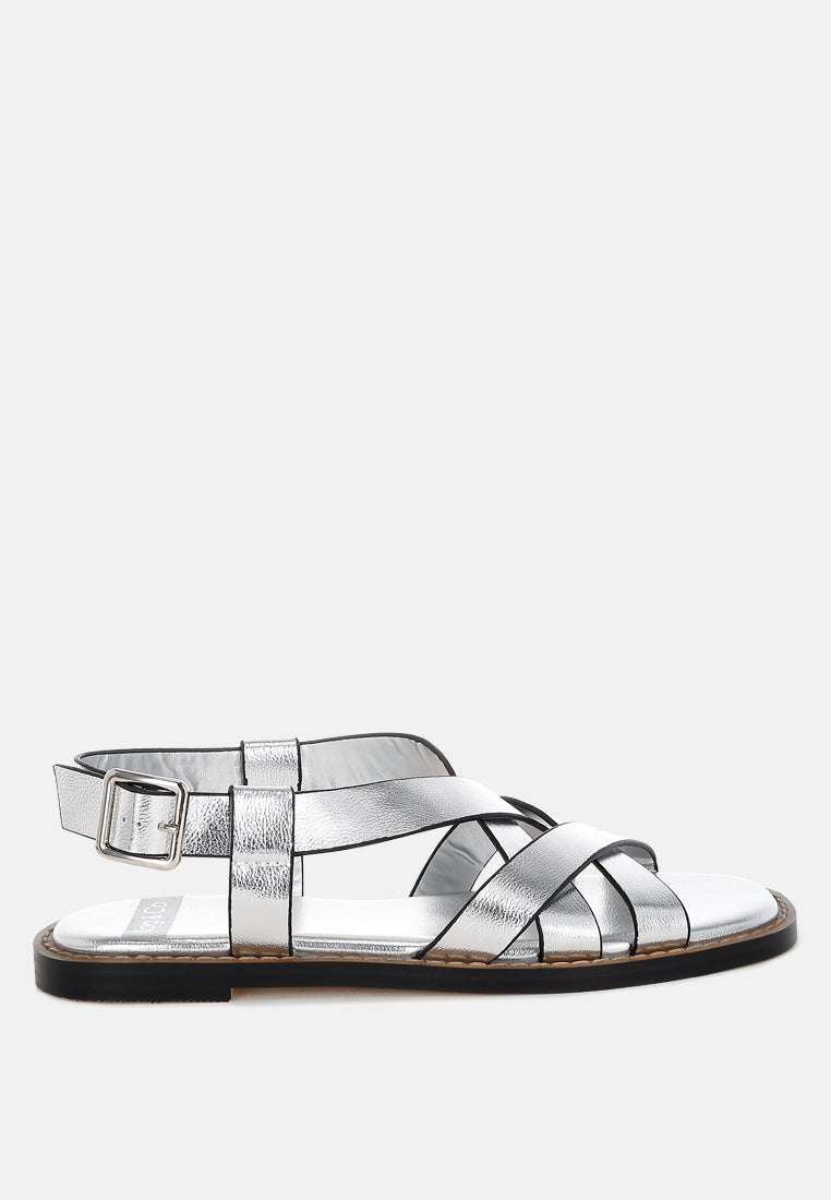  Doata Metallic Genuine Leather Buckled Flats