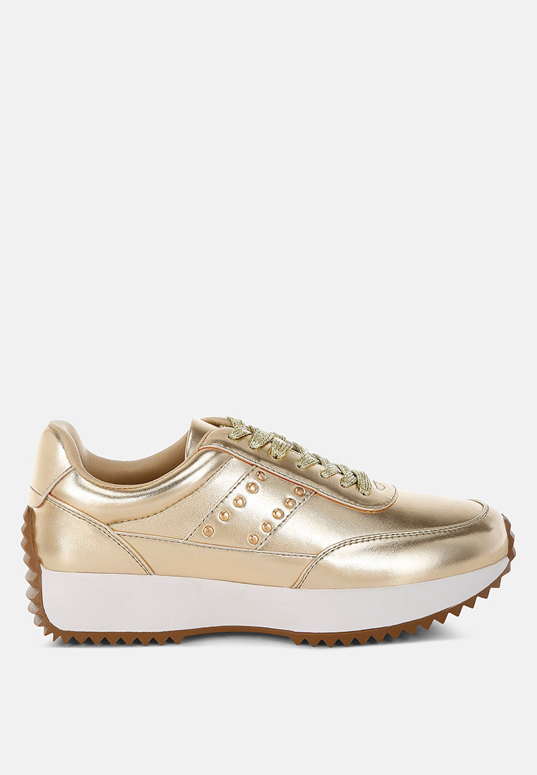  Mujori Metallic Pleather Studded Sneakers