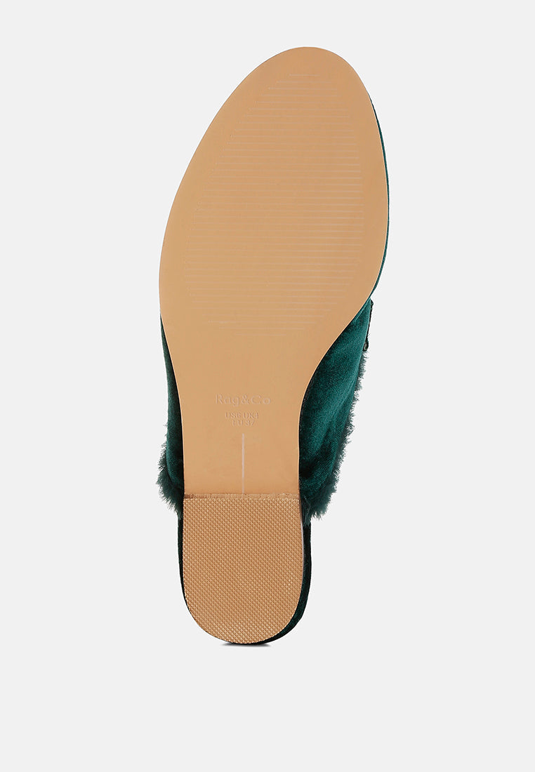  Seyhan Fur Detail Velvet Slip-On Mules