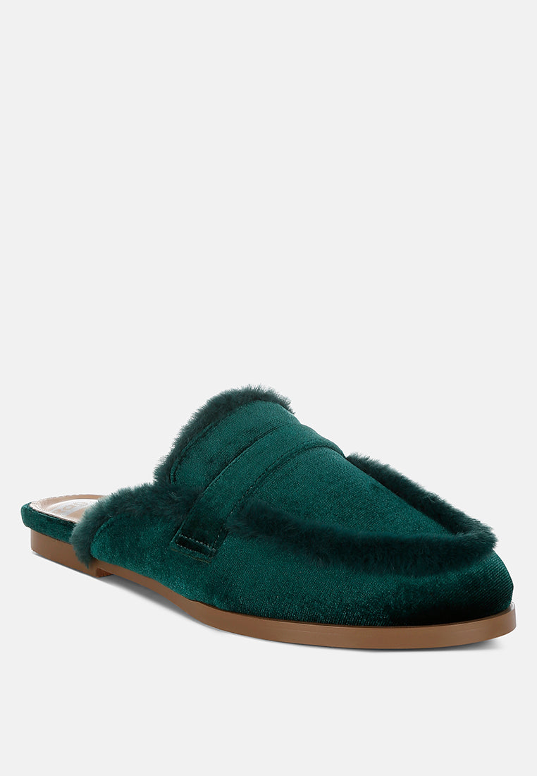  Seyhan Fur Detail Velvet Slip-On Mules
