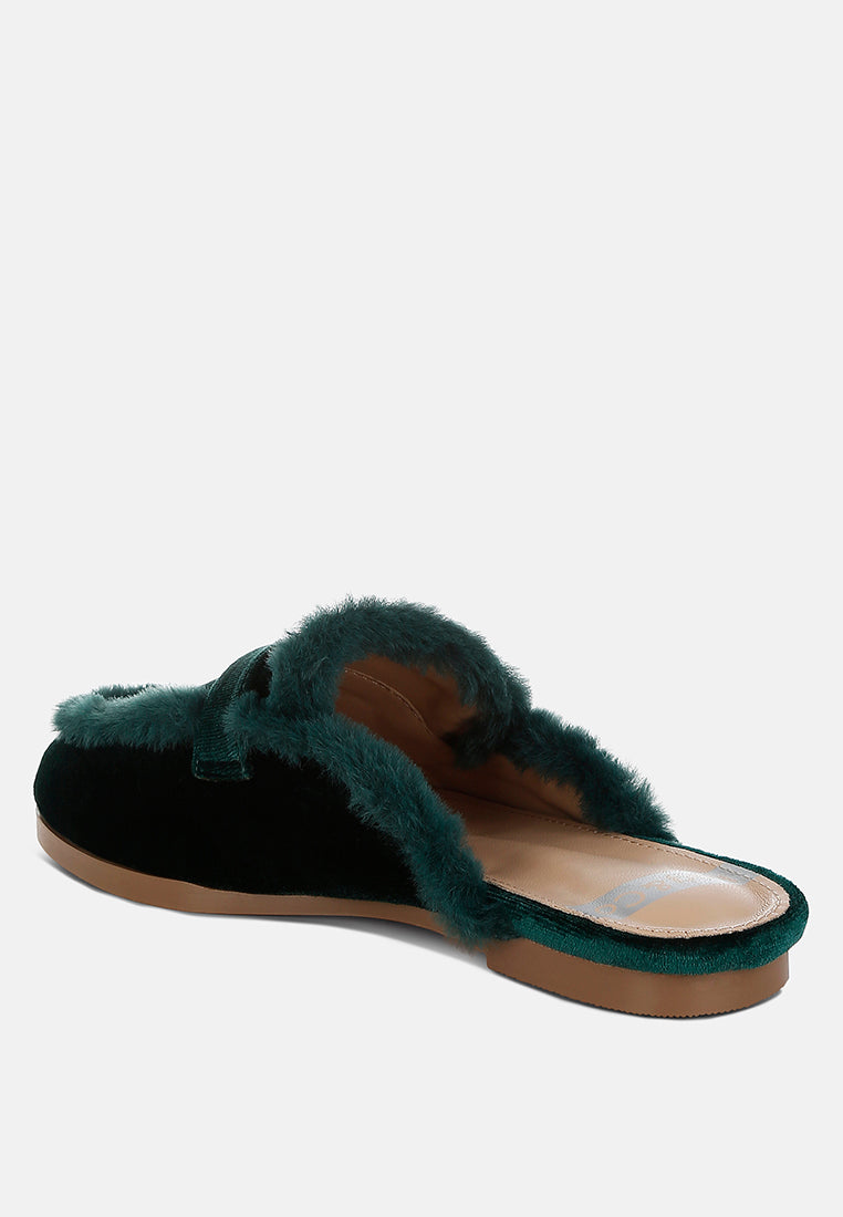  Seyhan Fur Detail Velvet Slip-On Mules
