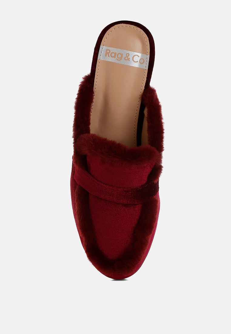  Seyhan Fur Detail Velvet Slip-On Mules