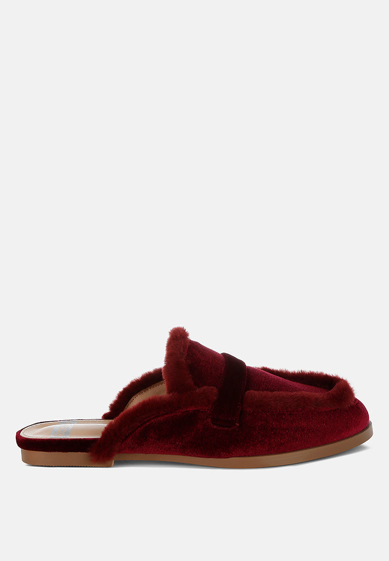  Seyhan Fur Detail Velvet Slip-On Mules