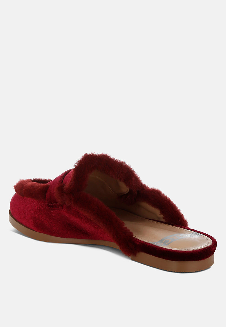  Seyhan Fur Detail Velvet Slip-On Mules