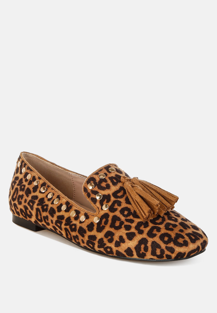  Niloha Studs & Tassels Detail Leopard Loafers