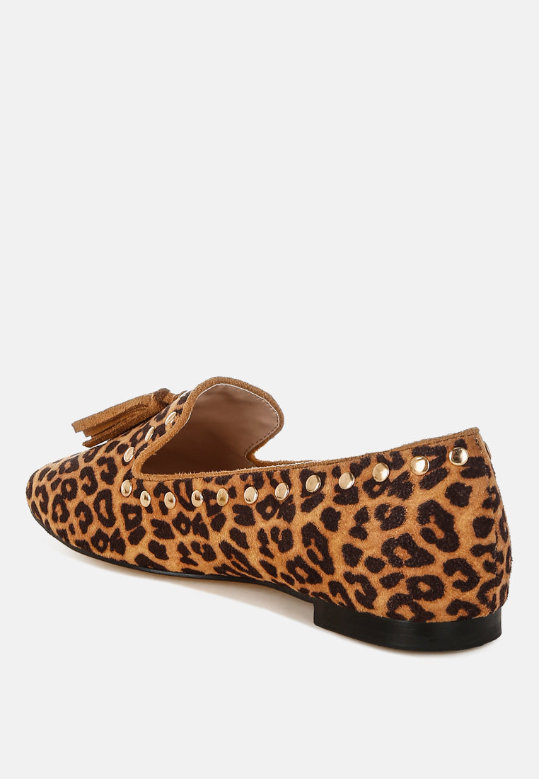  Niloha Studs & Tassels Detail Leopard Loafers