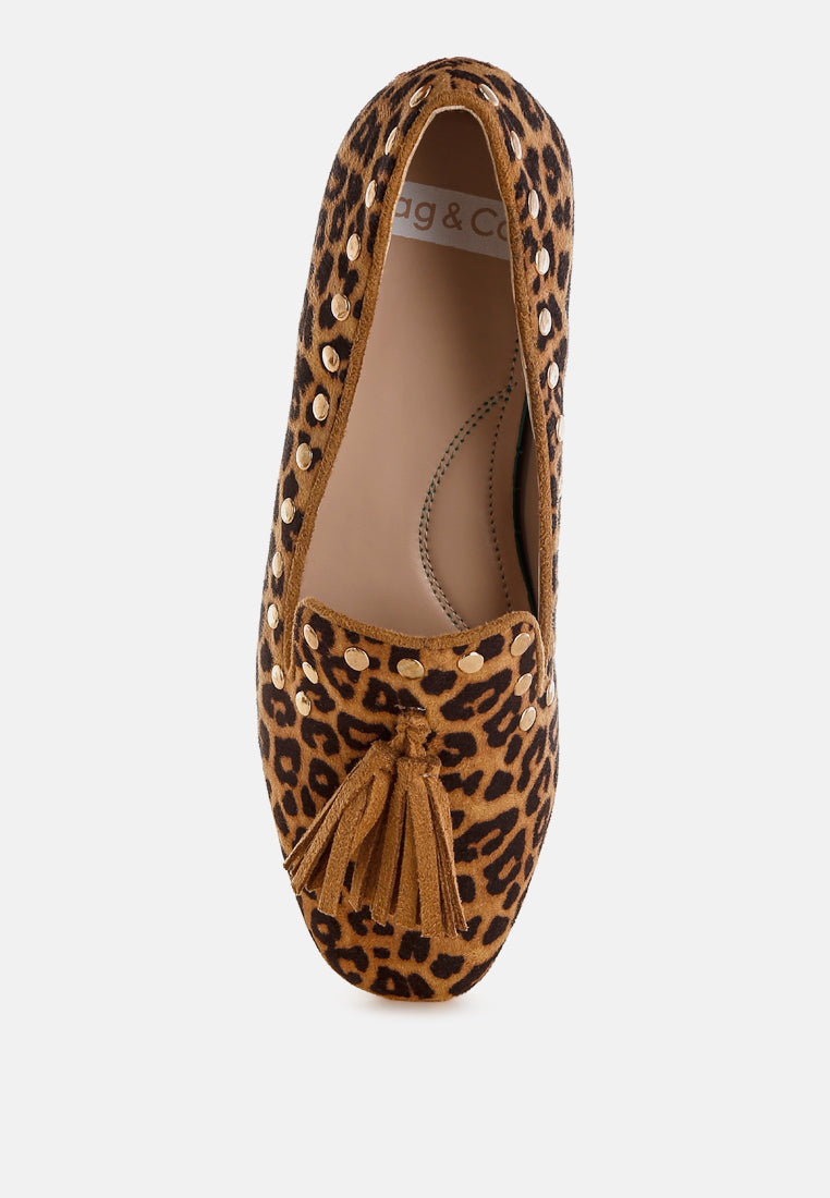  Niloha Studs & Tassels Detail Leopard Loafers