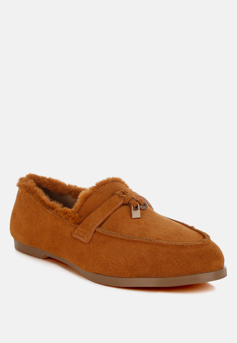  Ohrid Real Suede Leather & Faux Fur Flat Loafers