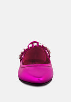  ALVERNO Metallic Diamante Mary Jane Leather Flats In Fuchsia