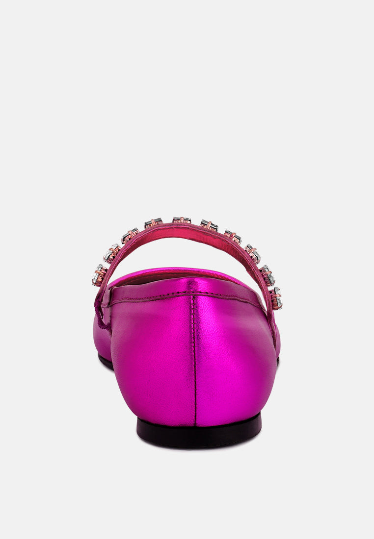  ALVERNO Metallic Diamante Mary Jane Leather Flats In Fuchsia