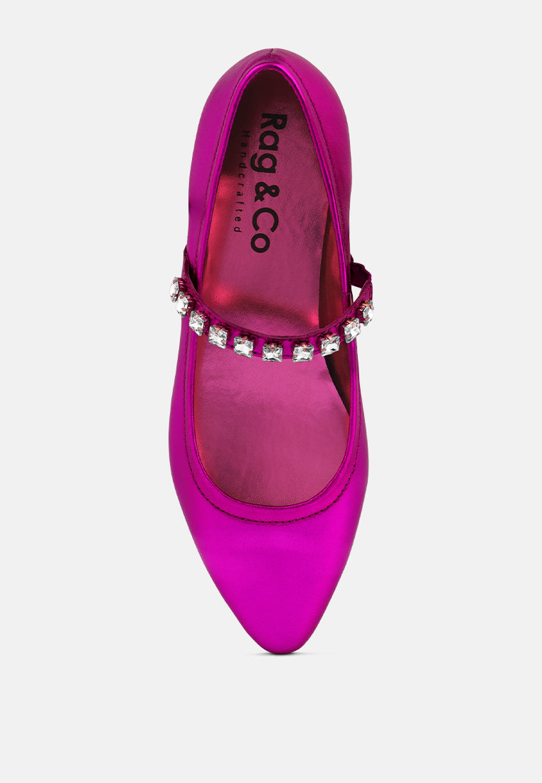  ALVERNO Metallic Diamante Mary Jane Leather Flats In Fuchsia