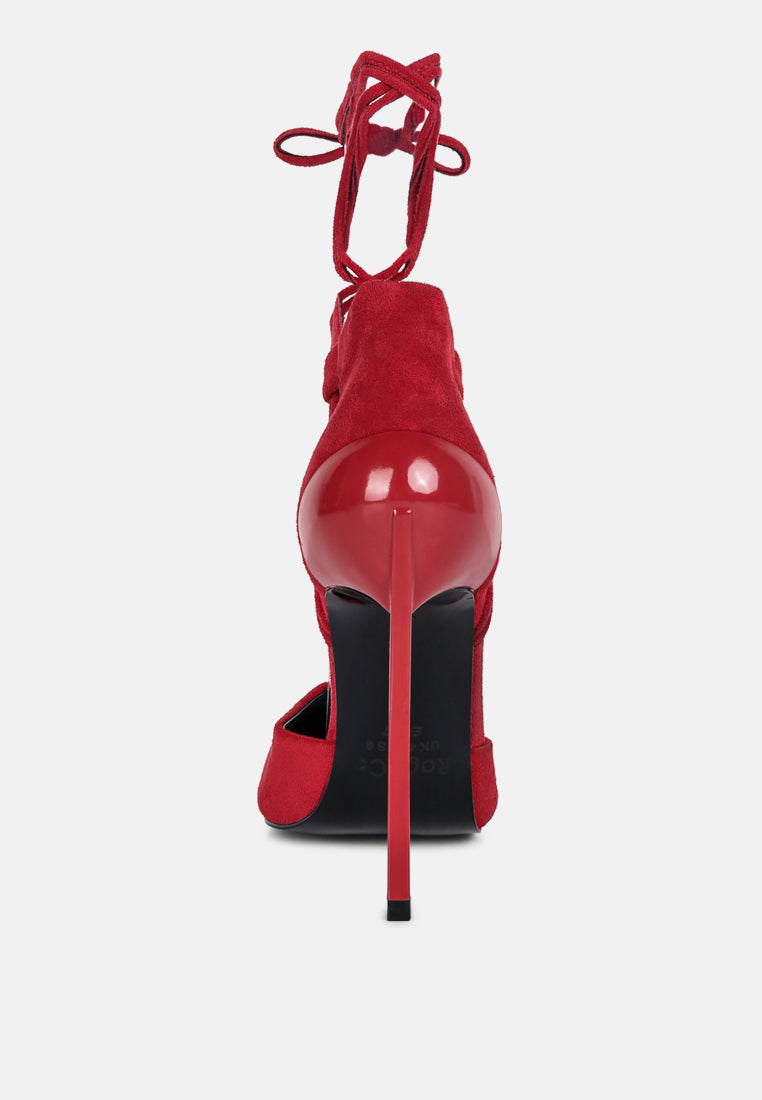  RULE-BREAKER Red Lace Up Stiletto Sandals