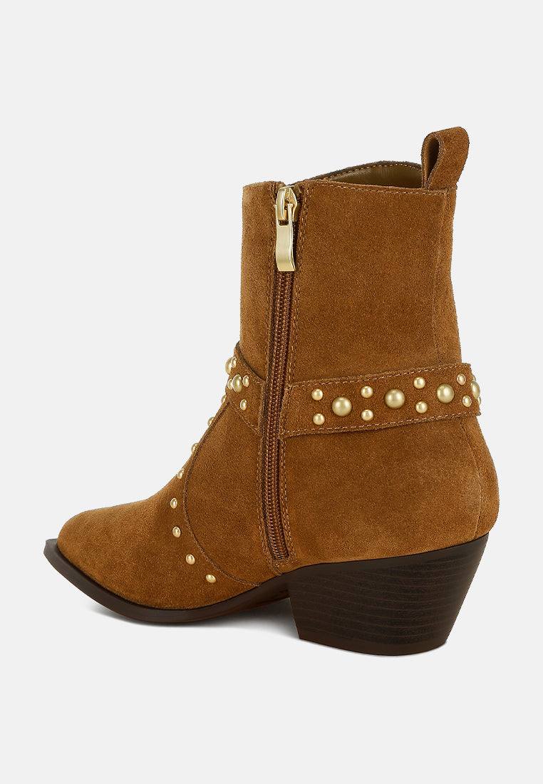  Rodeo Studded Real Suede Leather Ankle Boots