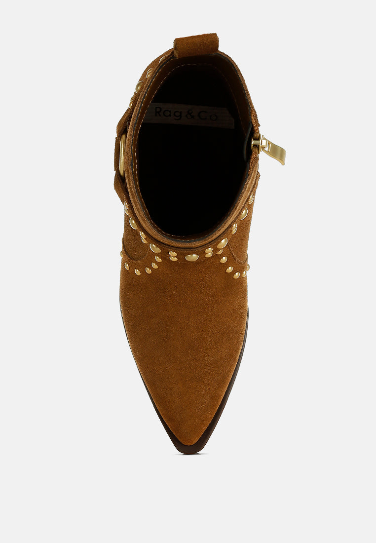  Rodeo Studded Real Suede Leather Ankle Boots