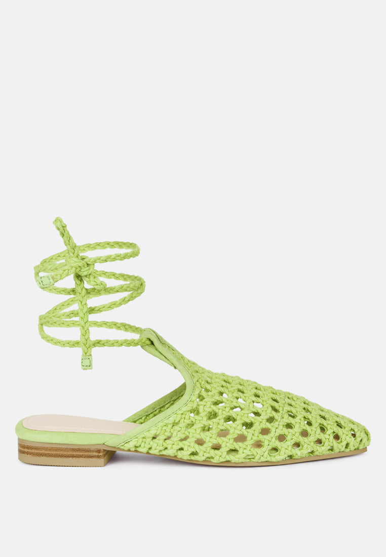 TUTSI Green Handwoven Honeycomb Tie Up Flat Mules