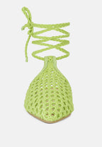  TUTSI Green Handwoven Honeycomb Tie Up Flat Mules