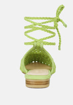  TUTSI Green Handwoven Honeycomb Tie Up Flat Mules