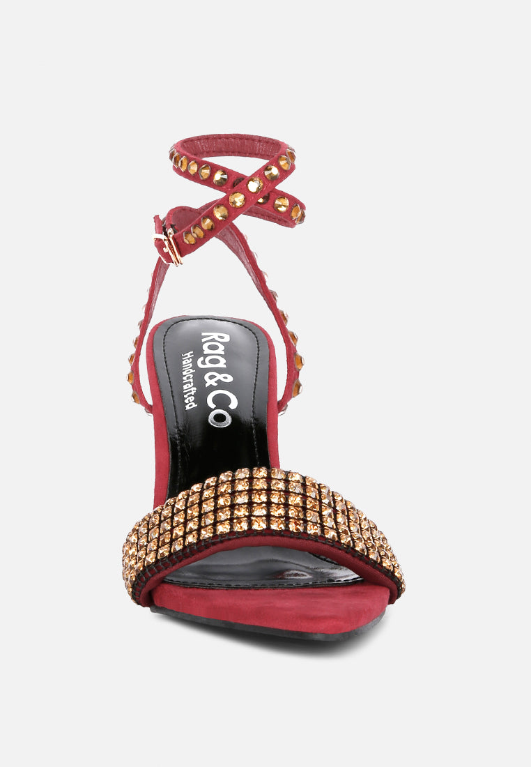 ZURIN Burgundy Diamante Embellished Stiletto Sandals