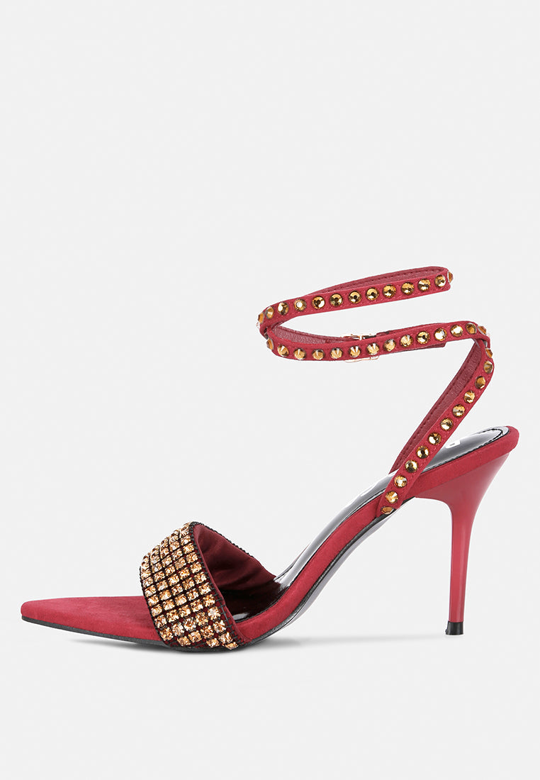  ZURIN Burgundy Diamante Embellished Stiletto Sandals
