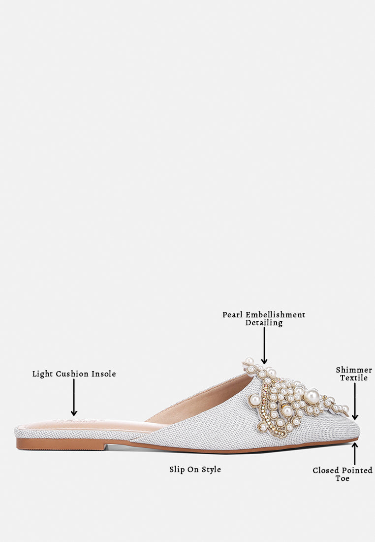  ASTRE Pearl Embellished Shimmer Mules In Silver
