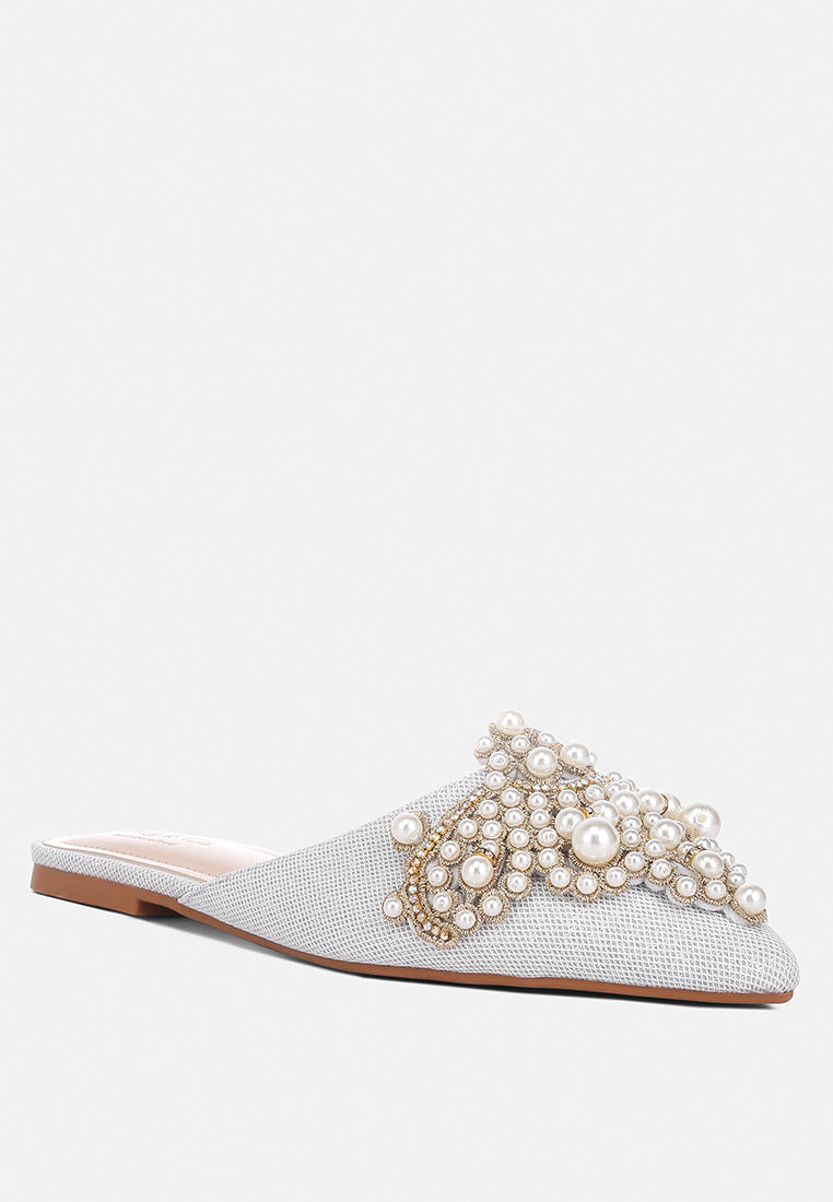  ASTRE Pearl Embellished Shimmer Mules In Silver