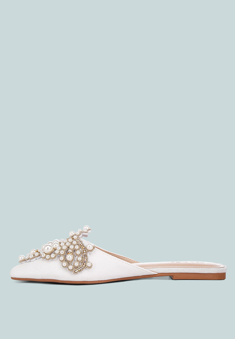  ASTRE Pearl Embellished Shimmer Mules In White