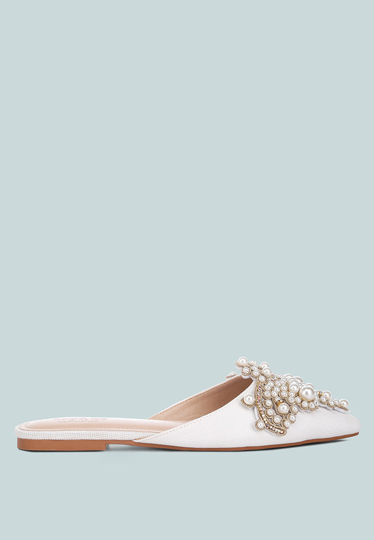  ASTRE Pearl Embellished Shimmer Mules In White