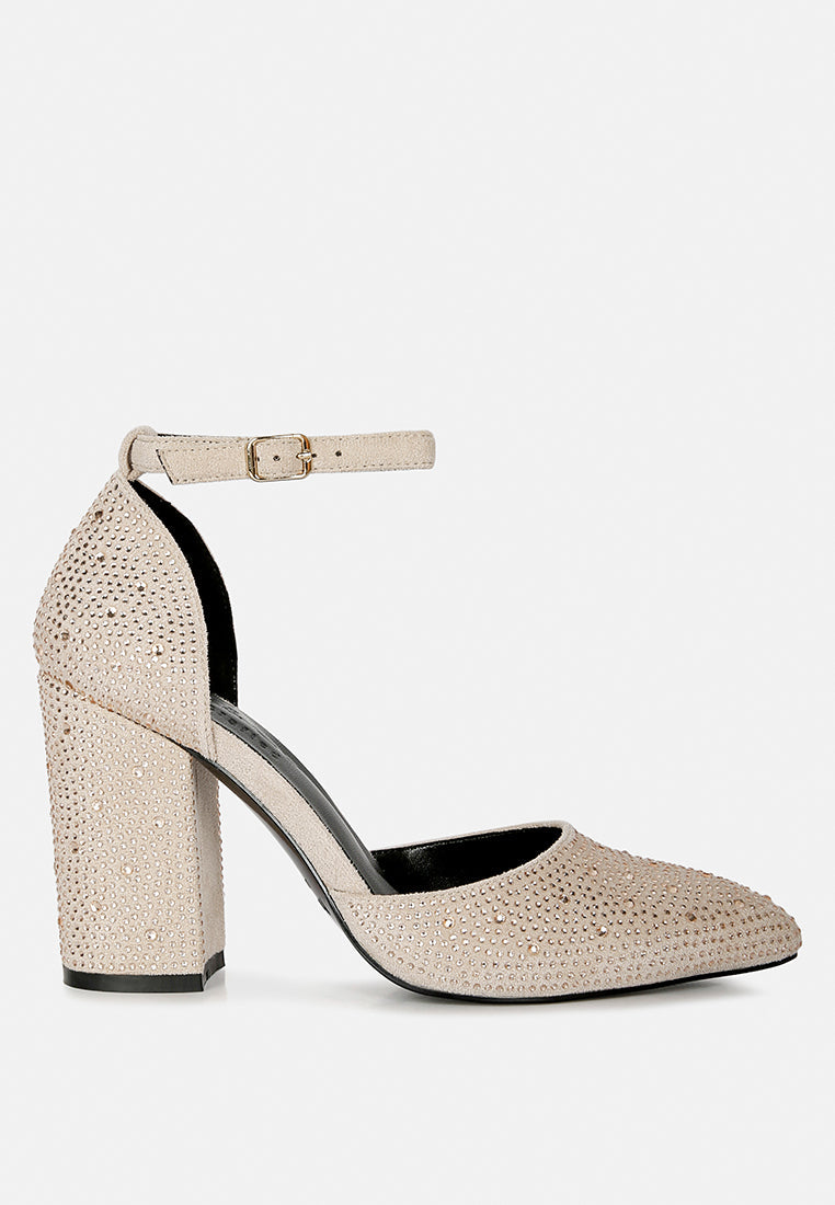  CULVER Rhinestone Embellished Block Heel Sandals In Beige