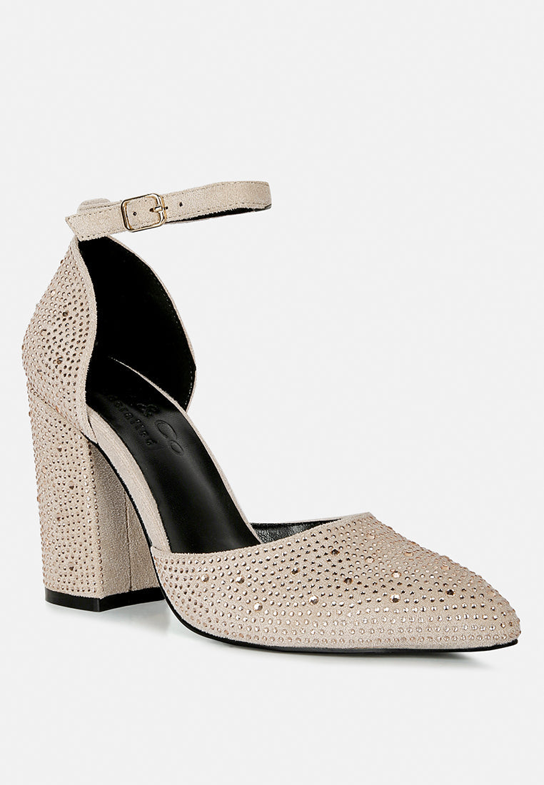  CULVER Rhinestone Embellished Block Heel Sandals In Beige