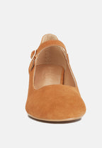  DALLIN Suede Block Heel Mary Janes In Tan
