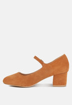  DALLIN Suede Block Heel Mary Janes In Tan