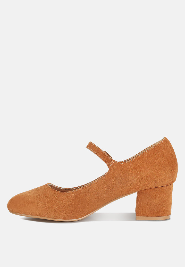  DALLIN Suede Block Heel Mary Janes In Tan
