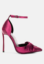  DINGLES Burgundy Bow Embellished Satin Stiletto Sandals