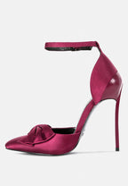  DINGLES Burgundy Bow Embellished Satin Stiletto Sandals