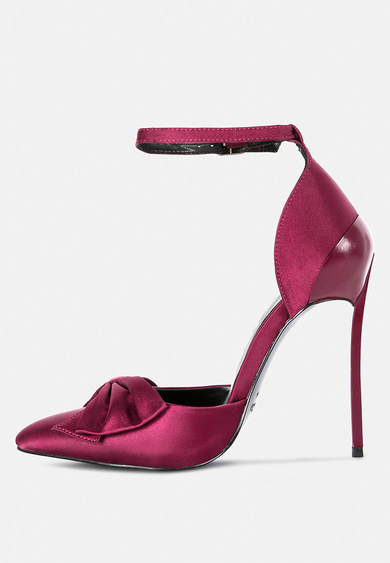  DINGLES Burgundy Bow Embellished Satin Stiletto Sandals