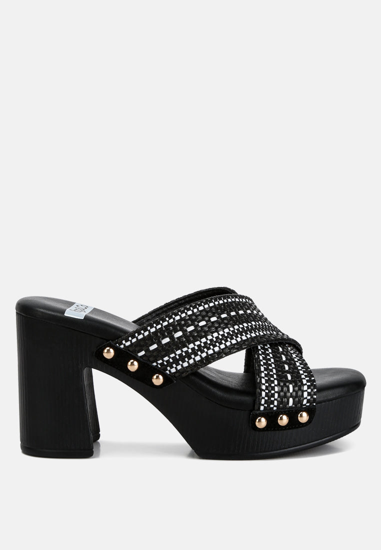  FInley Raffia High Block Heel Clogs In Black
