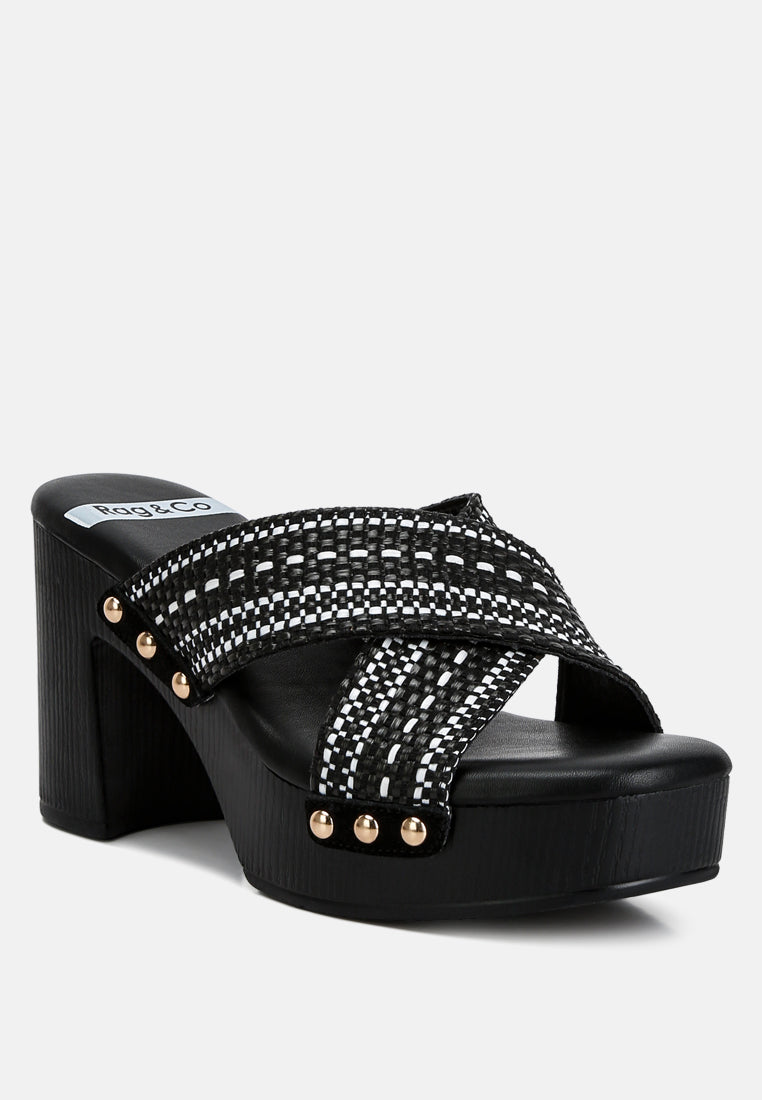  FInley Raffia High Block Heel Clogs In Black