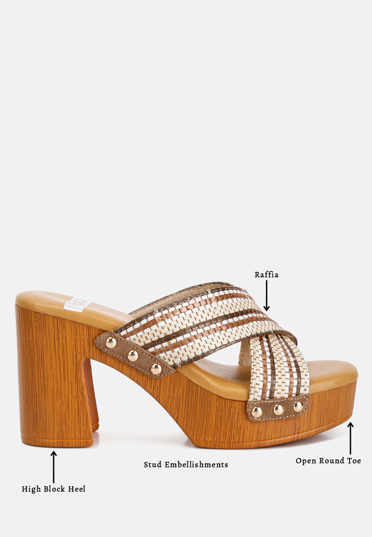  FInley Raffia High Block Heel Clogs In Tan