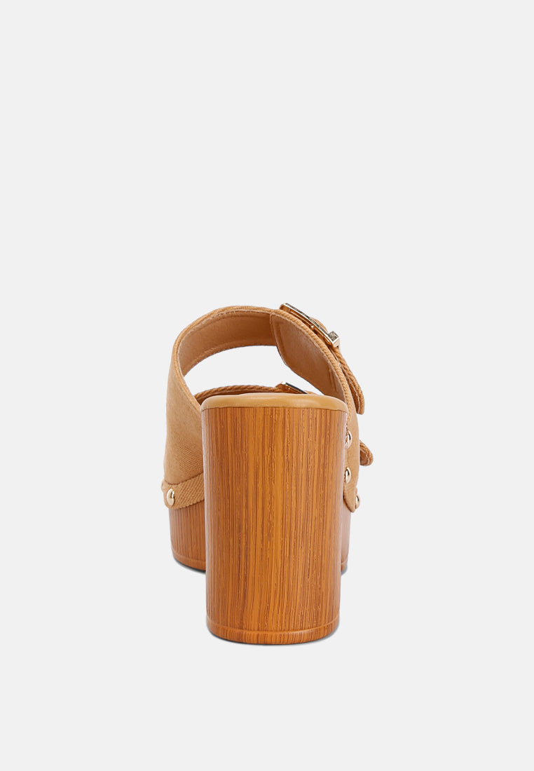  Sarai Buckle Straps High Block Heel Clogs In Tan