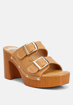  Sarai Buckle Straps High Block Heel Clogs In Tan