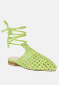  TUTSI Green Handwoven Honeycomb Tie Up Flat Mules