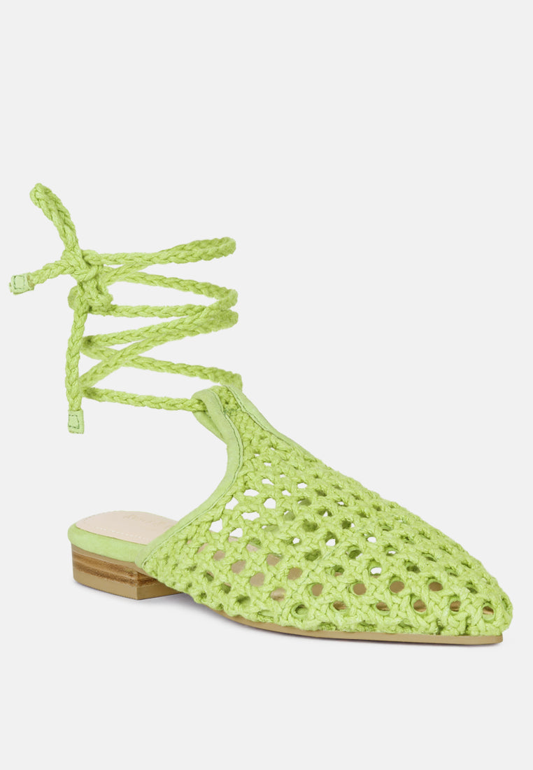  TUTSI Green Handwoven Honeycomb Tie Up Flat Mules
